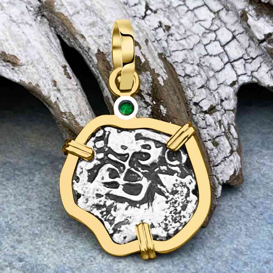 1740 Rimac River &quot;Good Luck&quot; Spanish 1/2 Reale &quot;Piece of 8&quot; 14K Gold Pendant with Emerald