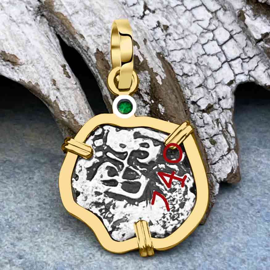 1740 Rimac River &quot;Good Luck&quot; Spanish 1/2 Reale &quot;Piece of 8&quot; 14K Gold Pendant with Emerald