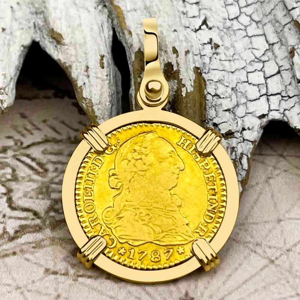1787 Spanish 22K Gold Portrait 1 Escudo - the Legendary Doubloon - 18K Gold Pendant