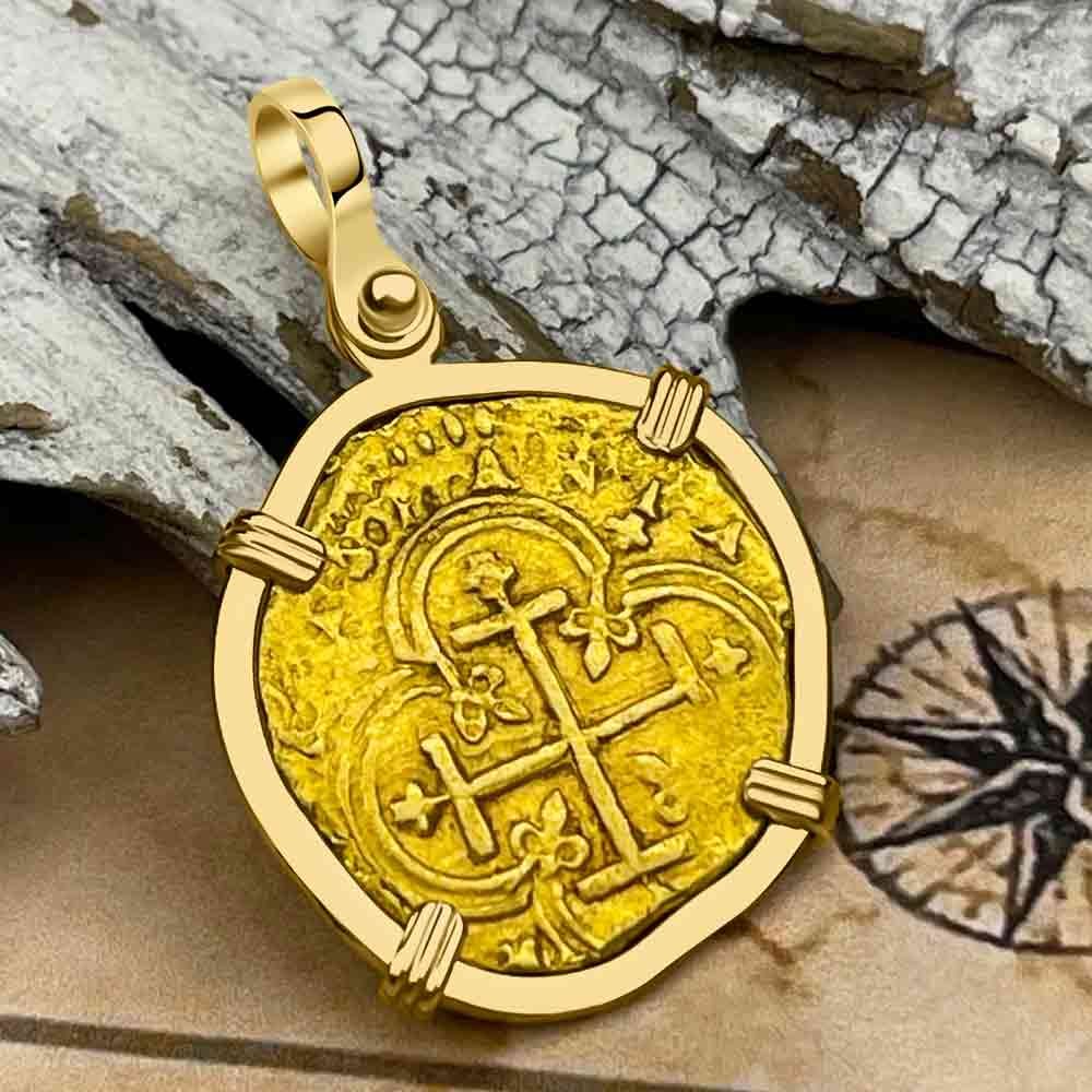 Pirate Era 1633 22K Gold Two Escudo - the Legendary Doubloon - 18K Gold Pendant