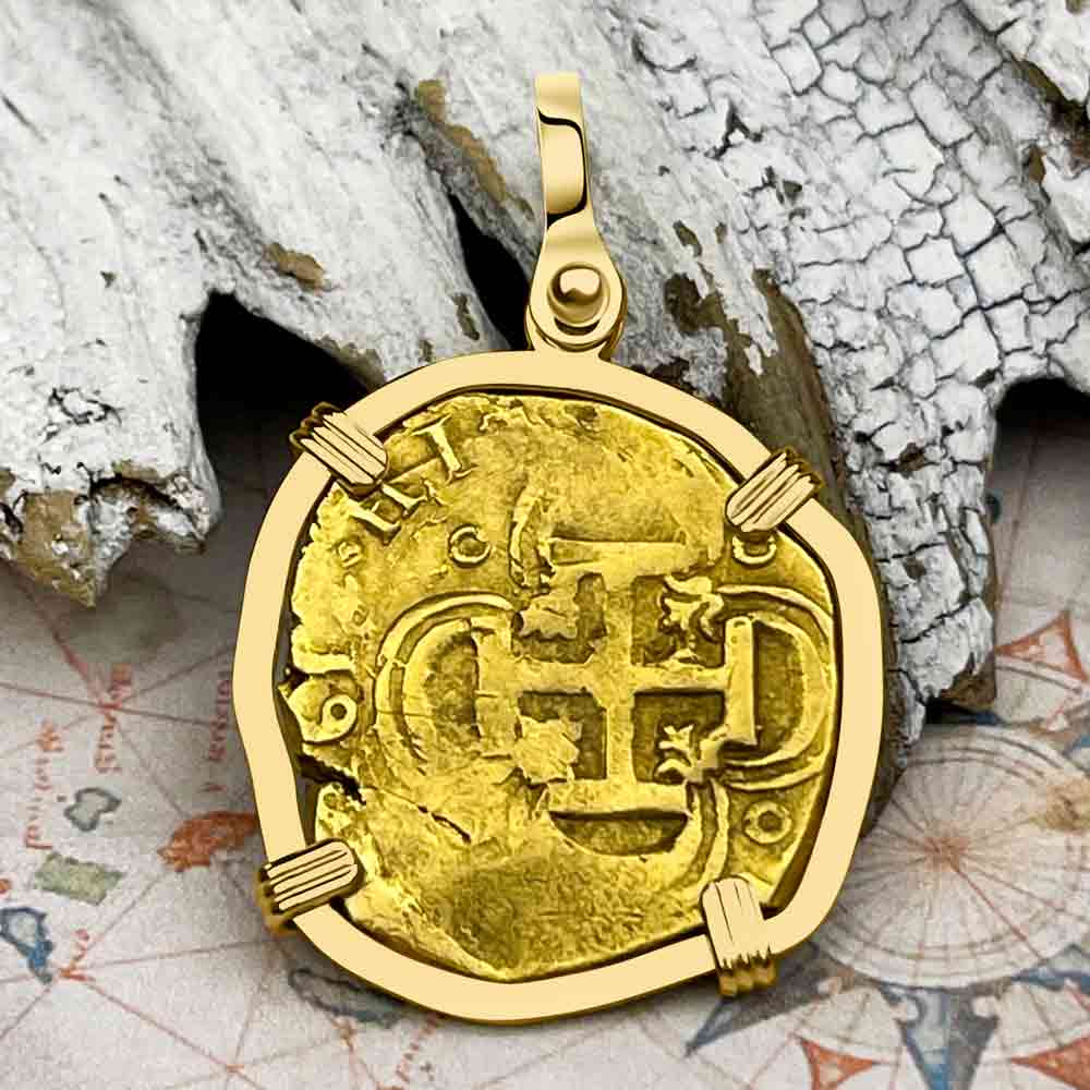 RARE Dated 1612 Pirate Era 22K Gold Two Escudo - the Legendary Doubloon - 18K Gold Pendant