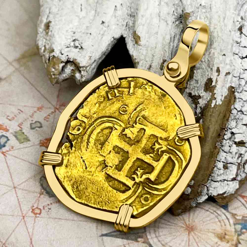 RARE Dated 1612 Pirate Era 22K Gold Two Escudo - the Legendary Doubloon - 18K Gold Pendant