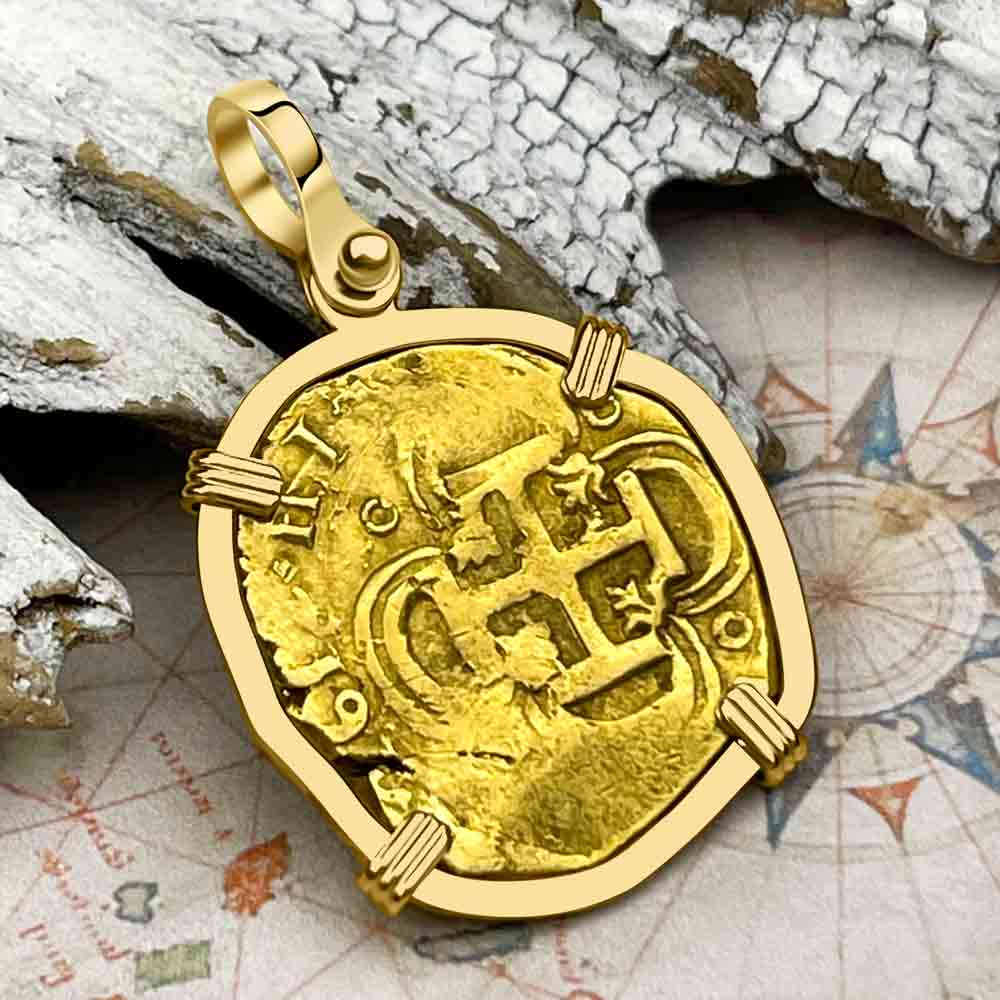 RARE Dated 1612 Pirate Era 22K Gold Two Escudo - the Legendary Doubloon - 18K Gold Pendant