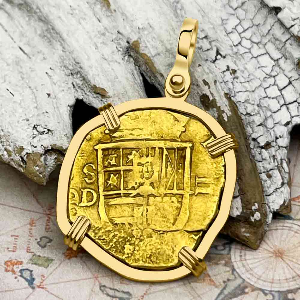 RARE Dated 1612 Pirate Era 22K Gold Two Escudo - the Legendary Doubloon - 18K Gold Pendant