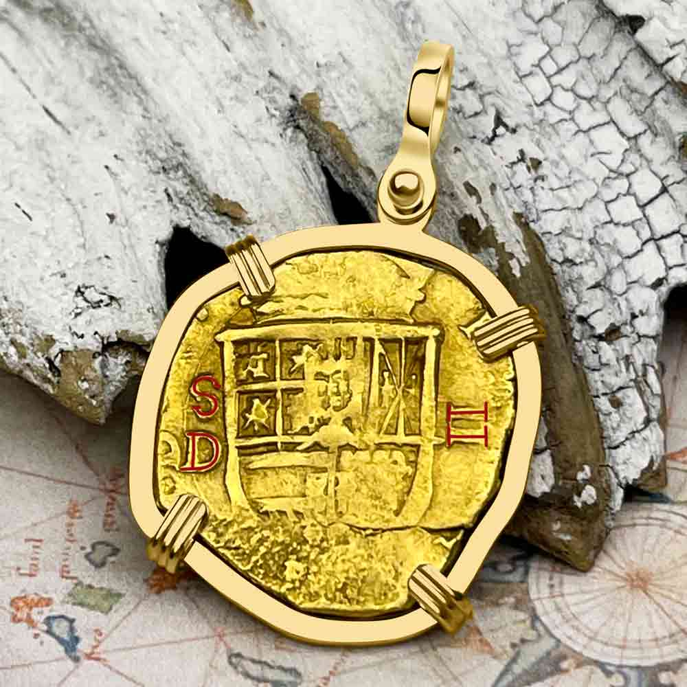 RARE Dated 1612 Pirate Era 22K Gold Two Escudo - the Legendary Doubloon - 18K Gold Pendant