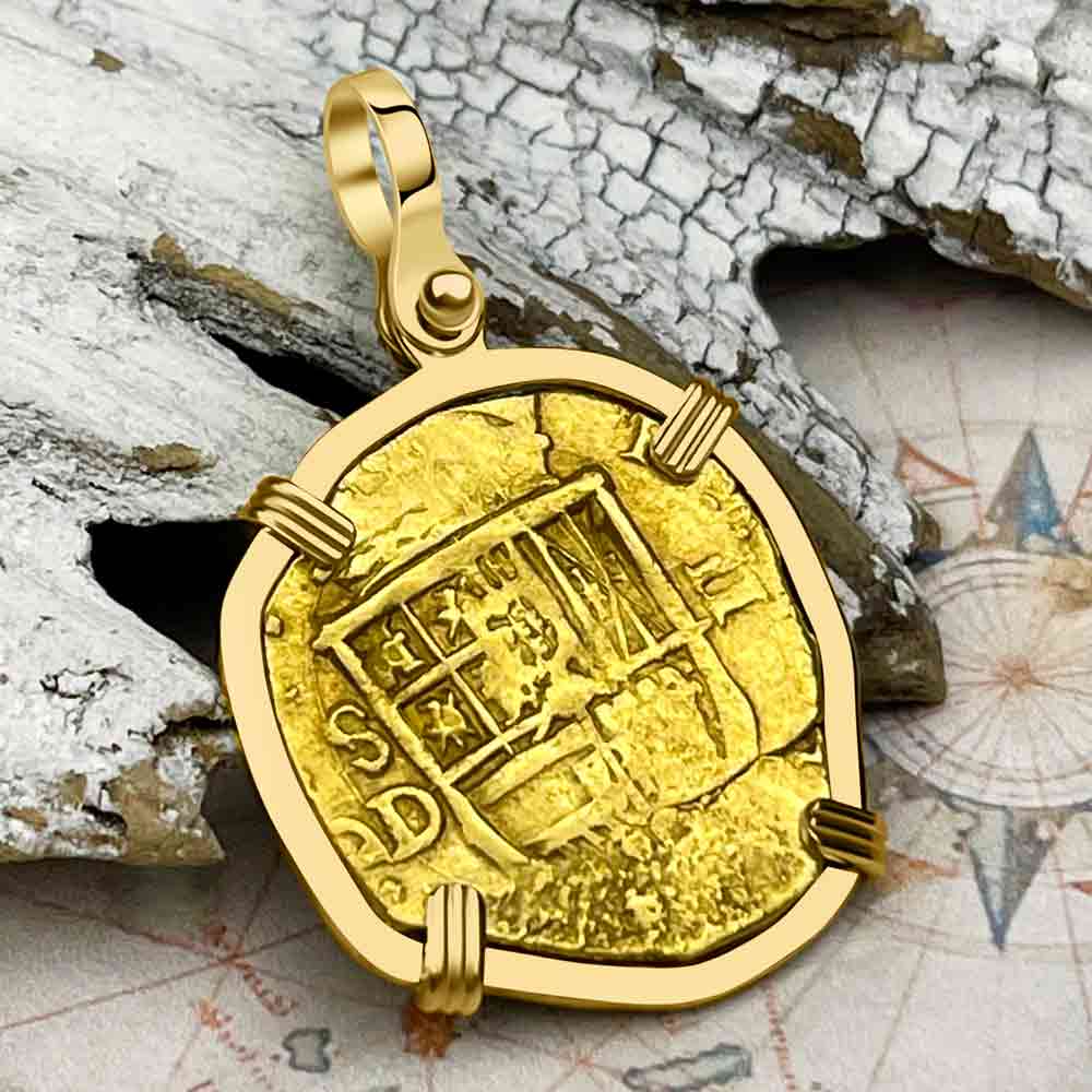 RARE Dated 1612 Pirate Era 22K Gold Two Escudo - the Legendary Doubloon - 18K Gold Pendant