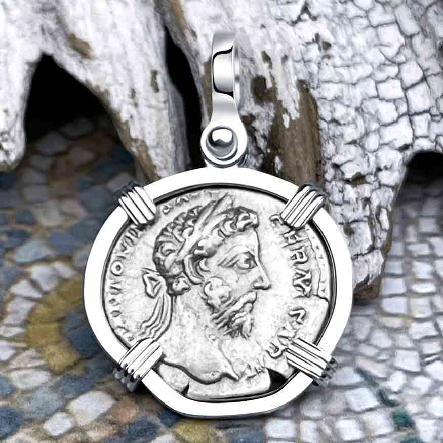 Roman Empire Silver Denarius Coin of Marcus Aurelius, the Philosopher Warrior 176 AD 14K White Gold Pendant