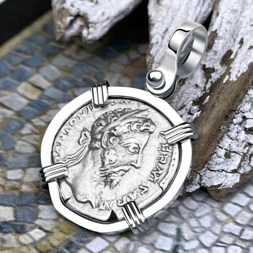 Roman Empire Silver Denarius Coin of Marcus Aurelius, the Philosopher Warrior 176 AD 14K White Gold Pendant