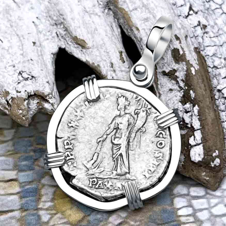 Roman Empire Silver Denarius Coin of Marcus Aurelius, the Philosopher Warrior 176 AD 14K White Gold Pendant