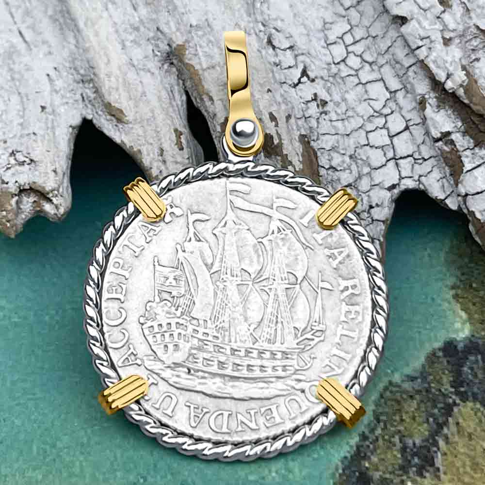 Dutch East India Company 1772 Silver 6 Stuiver Ship Shilling "I Struggle and Survive" 14K Gold & Sterling Silver Pendant