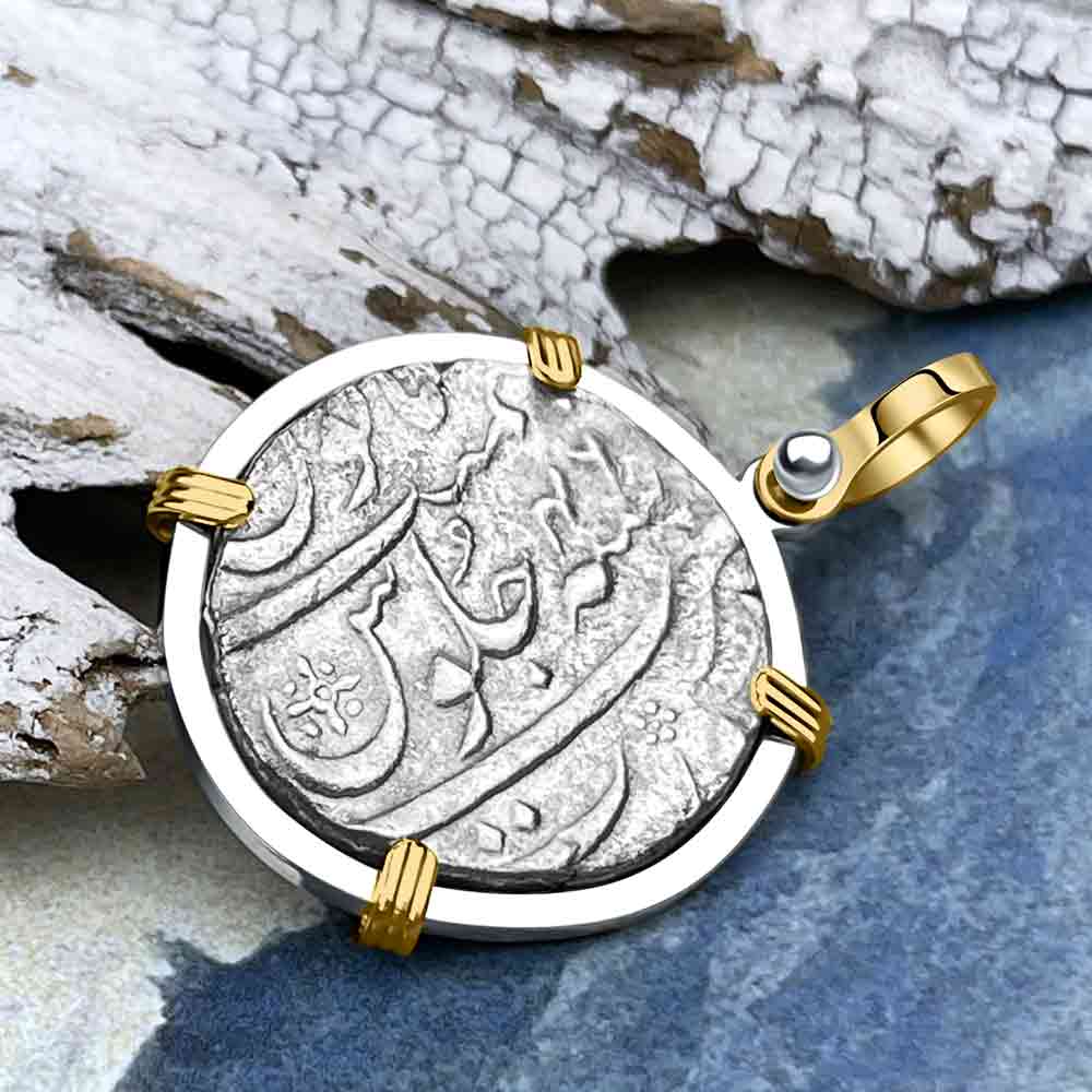 Taj Mahal Sunken Treasure - Arthur C Clarke&#39;s 1702 Shipwreck 1 Rupee Silver Coin 14K Gold and Sterling Pendant