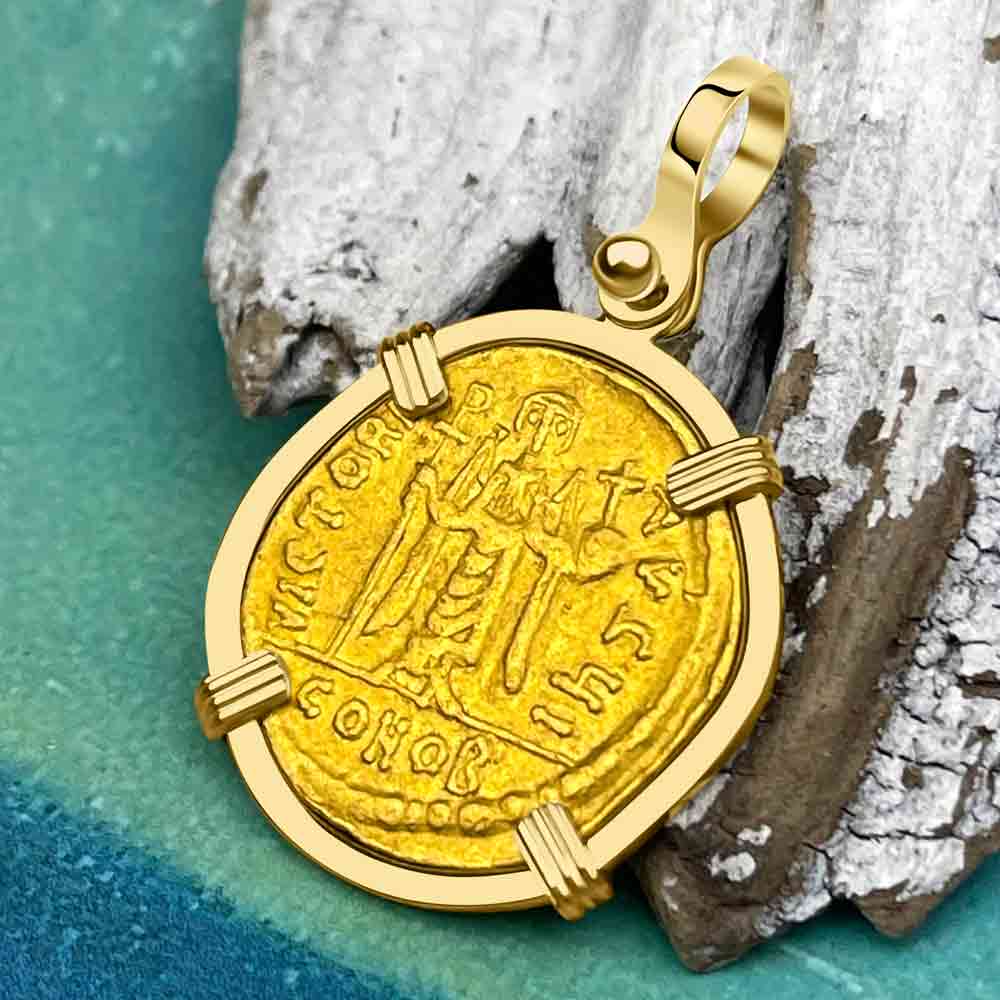 Byzantine Empire 24K Gold Angel Solidus Coin Circa 607 AD in 18K Gold Pendant