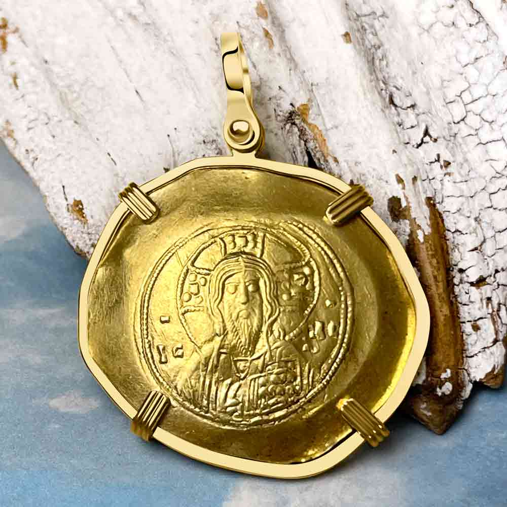 Byzantine Jesus Christ Histamenon Gold Coin Circa 1071 AD 18K Gold Pendant 