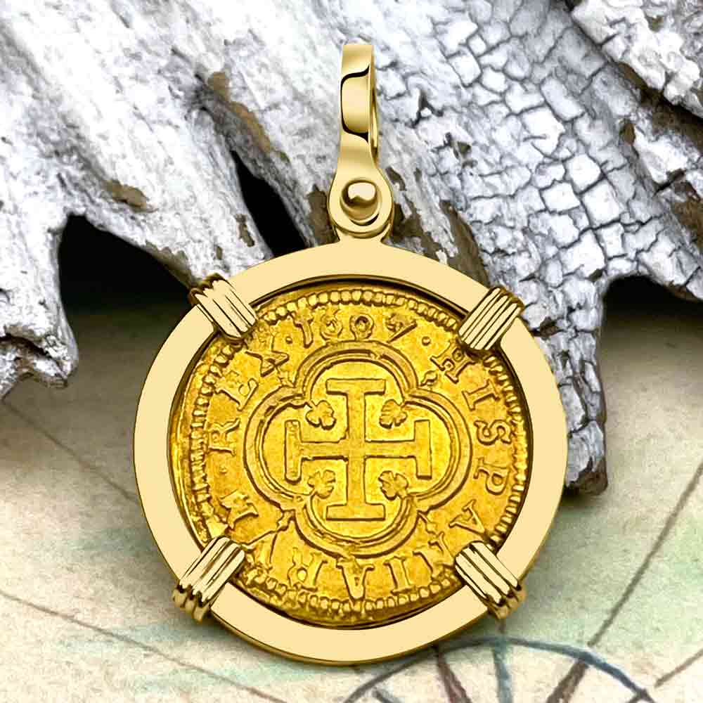 Extremely Rare Pirate Era Dated 1607 22K Gold One Escudo - the Legendary Doubloon - 18K Gold Pendant