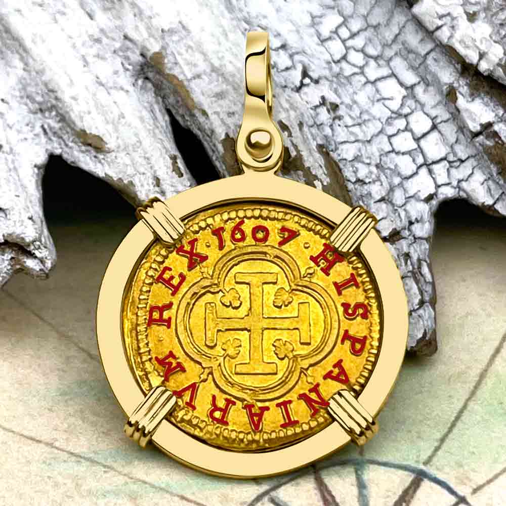 Extremely Rare Pirate Era Dated 1607 22K Gold One Escudo - the Legendary Doubloon - 18K Gold Pendant