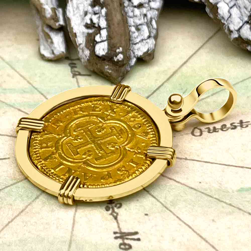 Extremely Rare Pirate Era Dated 1607 22K Gold One Escudo - the Legendary Doubloon - 18K Gold Pendant