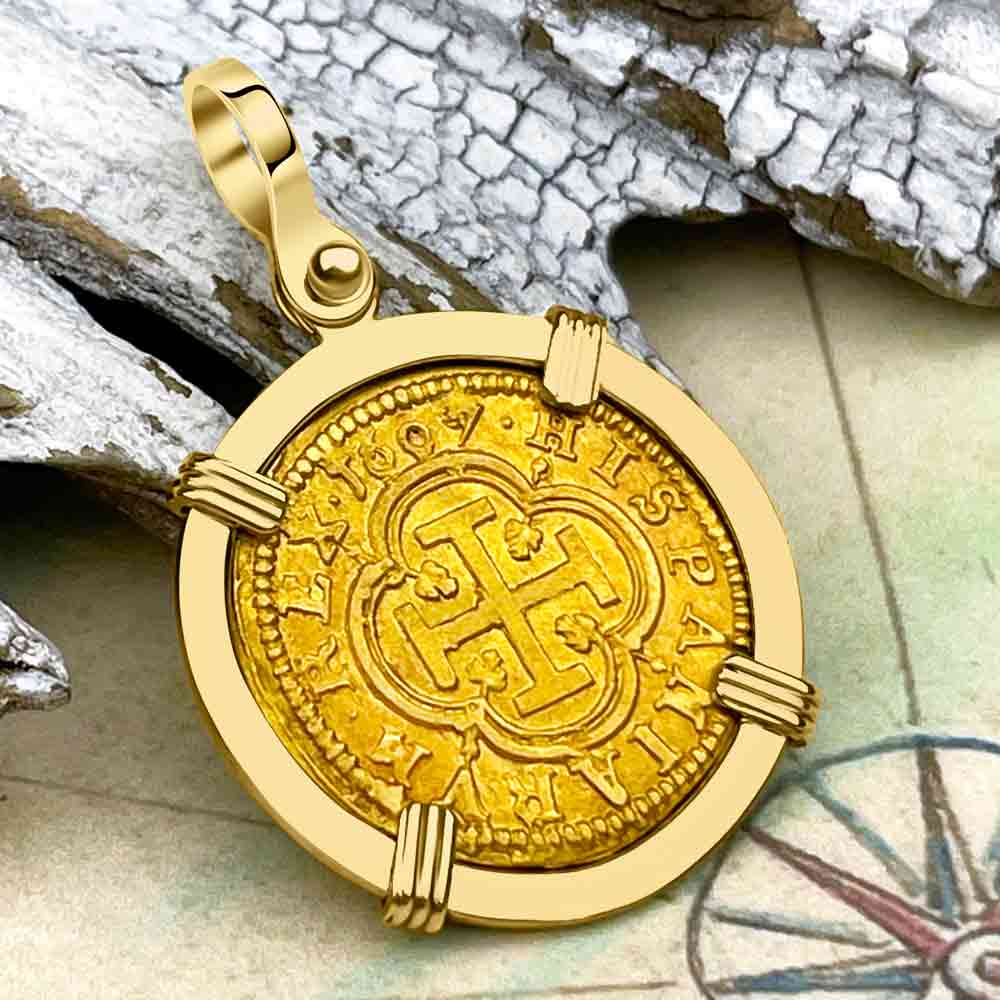 Extremely Rare Pirate Era Dated 1607 22K Gold One Escudo - the Legendary Doubloon - 18K Gold Pendant