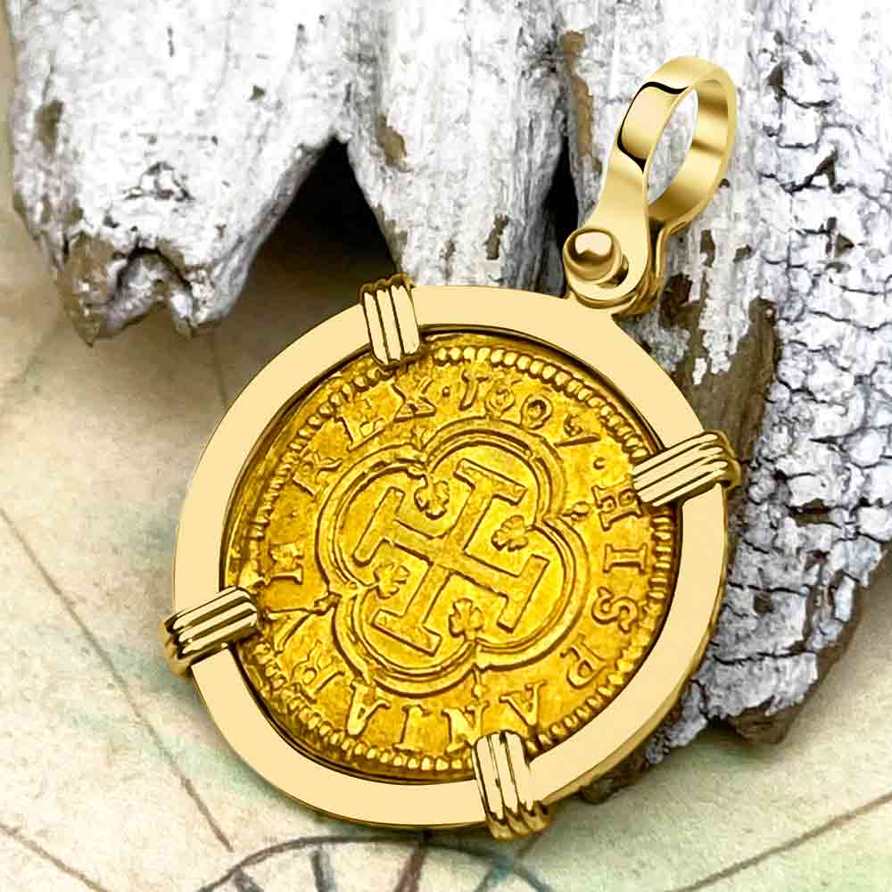 Extremely Rare Pirate Era Dated 1607 22K Gold One Escudo - the Legendary Doubloon - 18K Gold Pendant