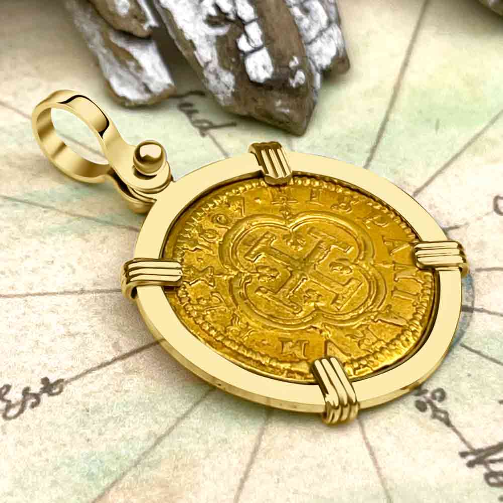 Extremely Rare Pirate Era Dated 1607 22K Gold One Escudo - the Legendary Doubloon - 18K Gold Pendant