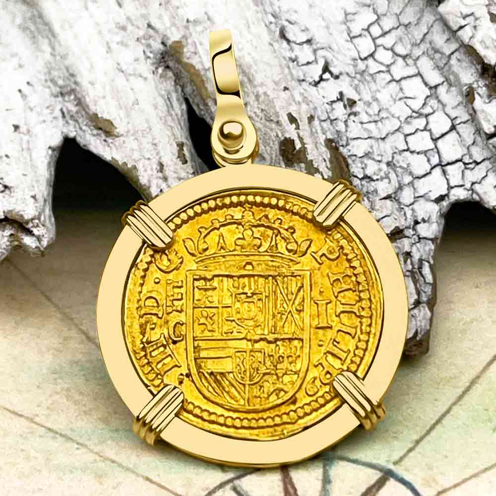 Extremely Rare Pirate Era Dated 1607 22K Gold One Escudo - the Legendary Doubloon - 18K Gold Pendant