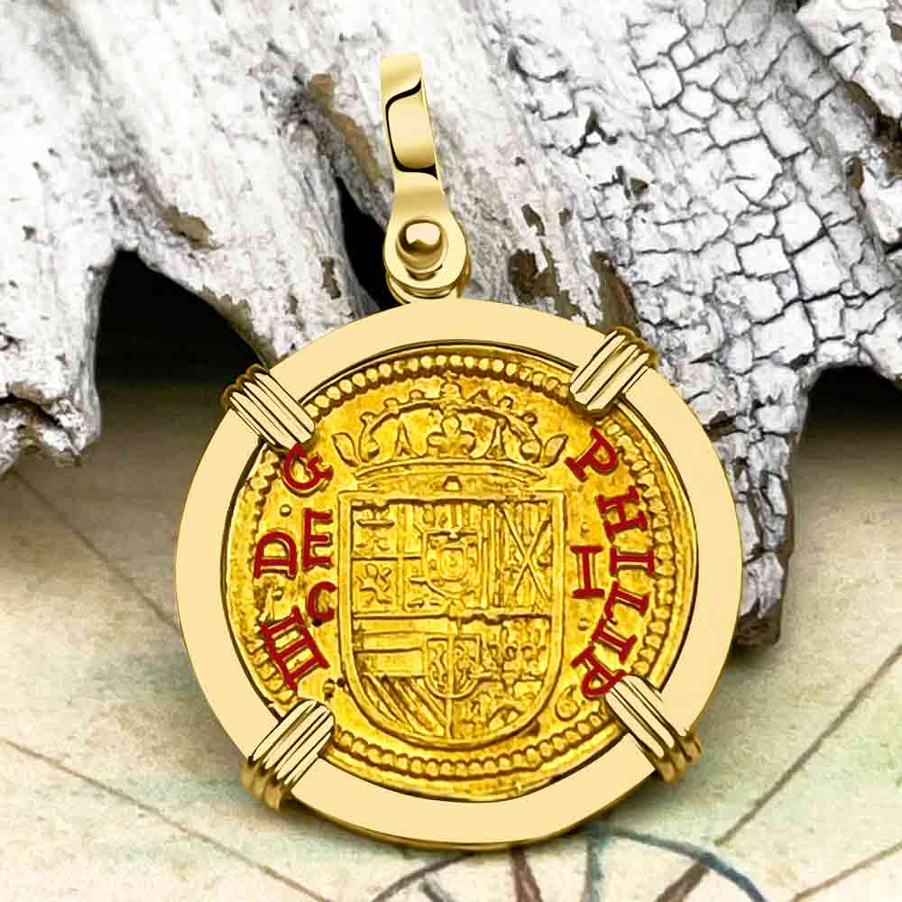 Extremely Rare Pirate Era Dated 1607 22K Gold One Escudo - the Legendary Doubloon - 18K Gold Pendant