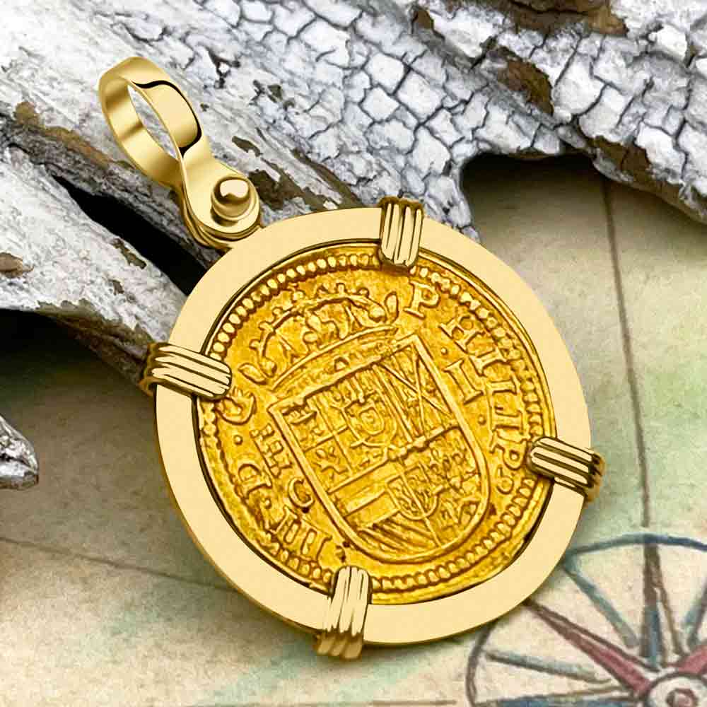 Extremely Rare Pirate Era Dated 1607 22K Gold One Escudo - the Legendary Doubloon - 18K Gold Pendant