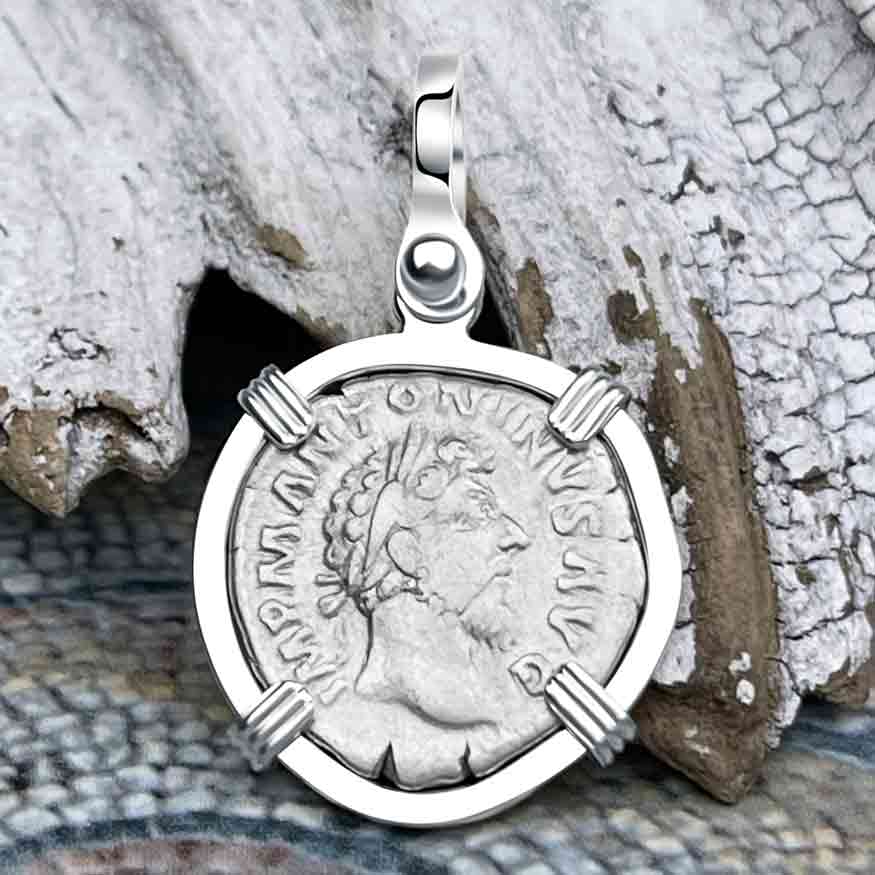 Roman Empire Silver Denarius Coin of Marcus Aurelius, the Philosopher Warrior 162 AD Sterling Silver Pendant