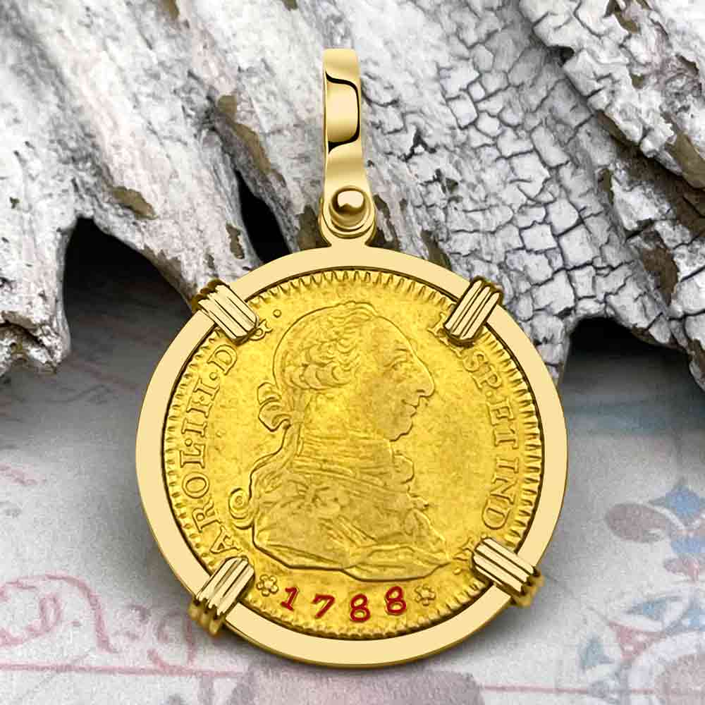 1788 Spanish 22K Gold Portrait 2 Escudo - the Legendary Doubloon - 18K Gold Pendant