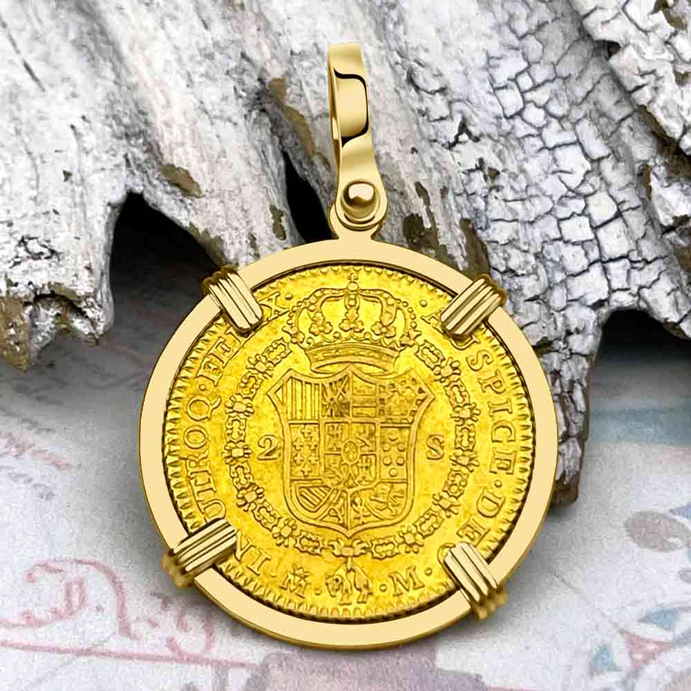 1788 Spanish 22K Gold Portrait 2 Escudo - the Legendary Doubloon - 18K Gold Pendant