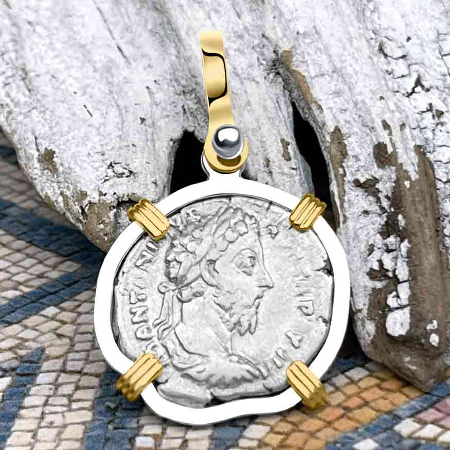 Roman Empire Silver Denarius Coin of Marcus Aurelius, the Philosopher Warrior 173 AD 14K Gold &amp; Sterling Silver Pendant