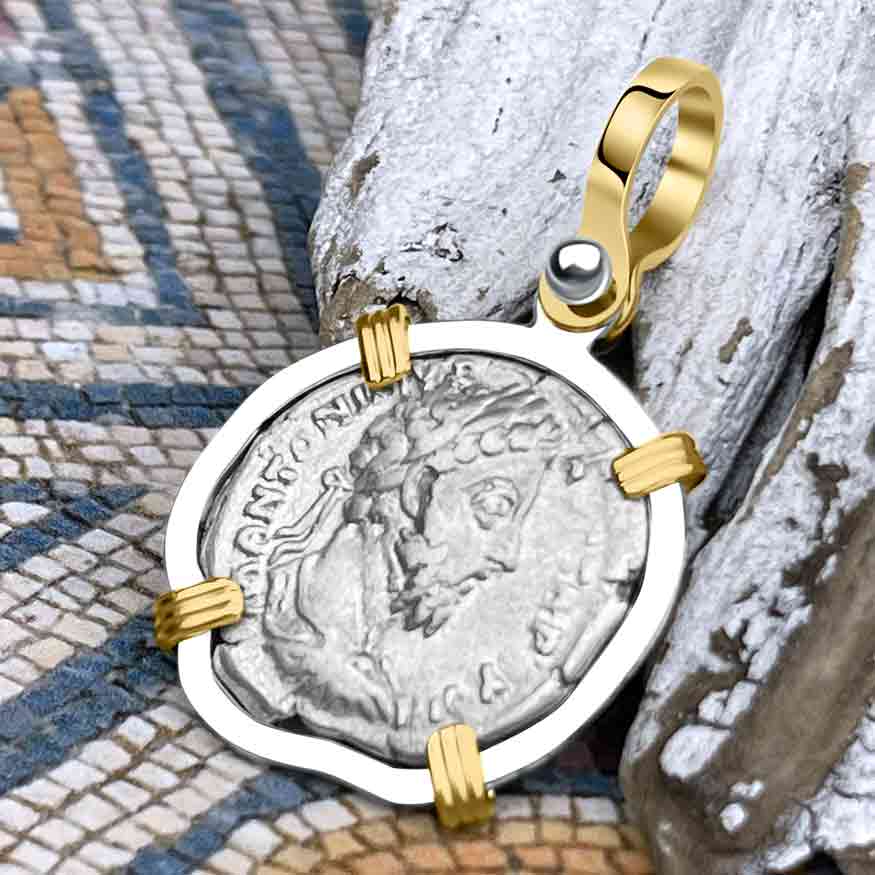 Roman Empire Silver Denarius Coin of Marcus Aurelius, the Philosopher Warrior 173 AD 14K Gold &amp; Sterling Silver Pendant