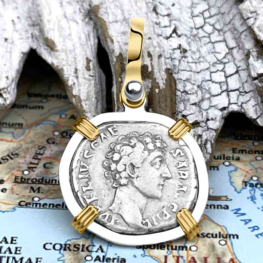 Roman Empire Silver Denarius Coin of Marcus Aurelius, the Philosopher Warrior 145 AD 14K Gold &amp; Sterling Silver Pendant 