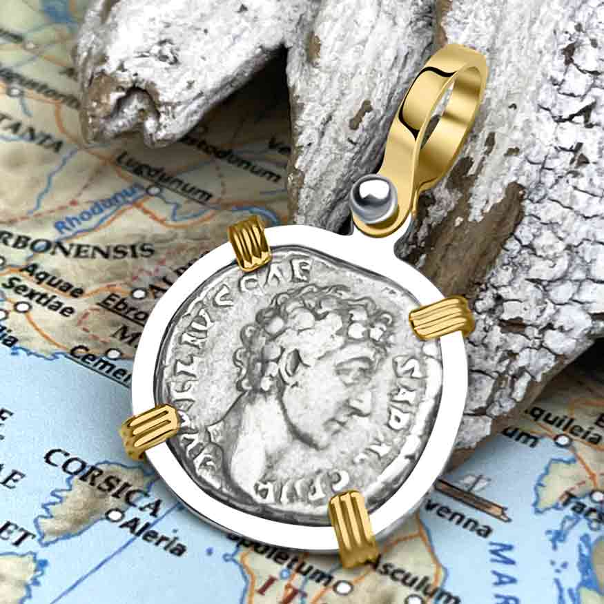 Roman Empire Silver Denarius Coin of Marcus Aurelius, the Philosopher Warrior 145 AD 14K Gold &amp; Sterling Silver Pendant 