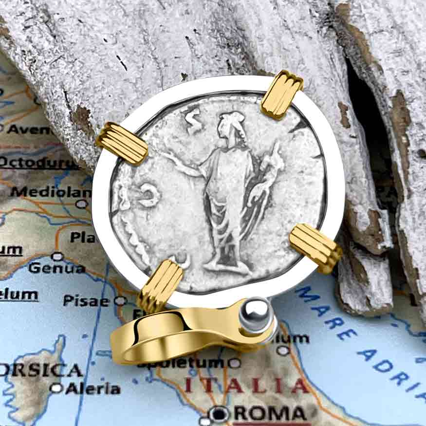 Roman Empire Silver Denarius Coin of Marcus Aurelius, the Philosopher Warrior 145 AD 14K Gold &amp; Sterling Silver Pendant 