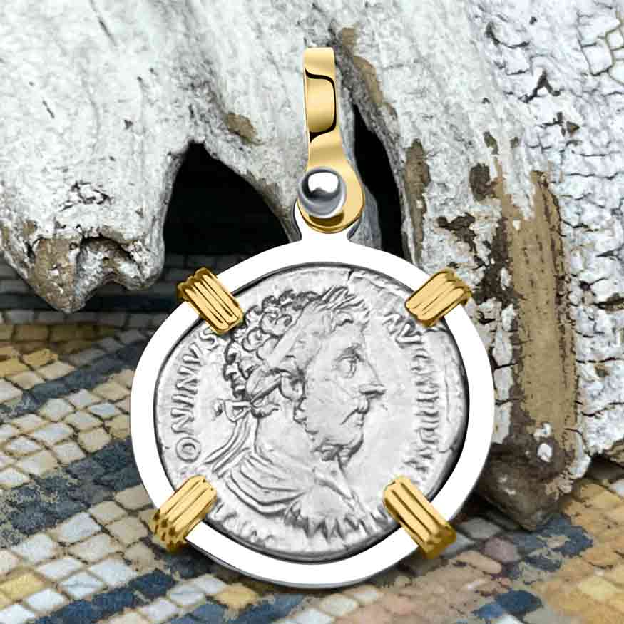 Roman Empire Silver Denarius Coin of Marcus Aurelius, the Philosopher Warrior 170 AD 14K Gold &amp; Sterling Silver Pendant