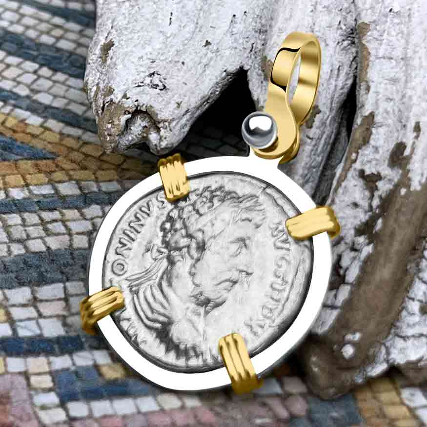 Roman Empire Silver Denarius Coin of Marcus Aurelius, the Philosopher Warrior 170 AD 14K Gold &amp; Sterling Silver Pendant