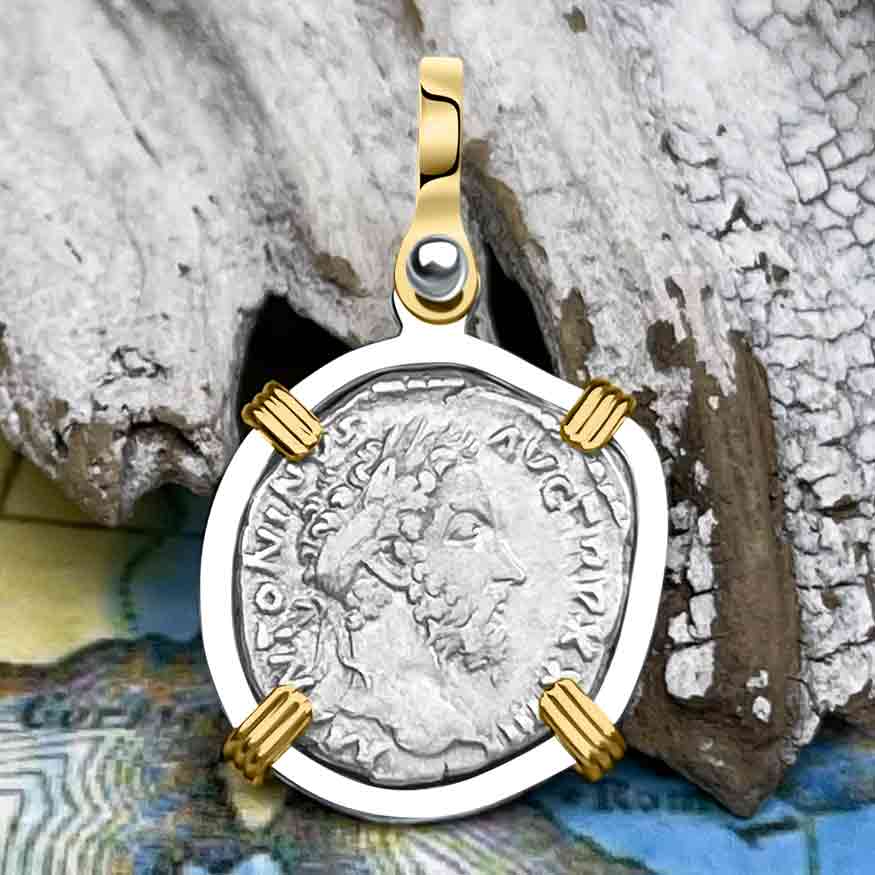 Roman Empire Silver Denarius Coin of Marcus Aurelius, the Philosopher Warrior 168 AD 14K Gold &amp; Sterling Silver Pendant