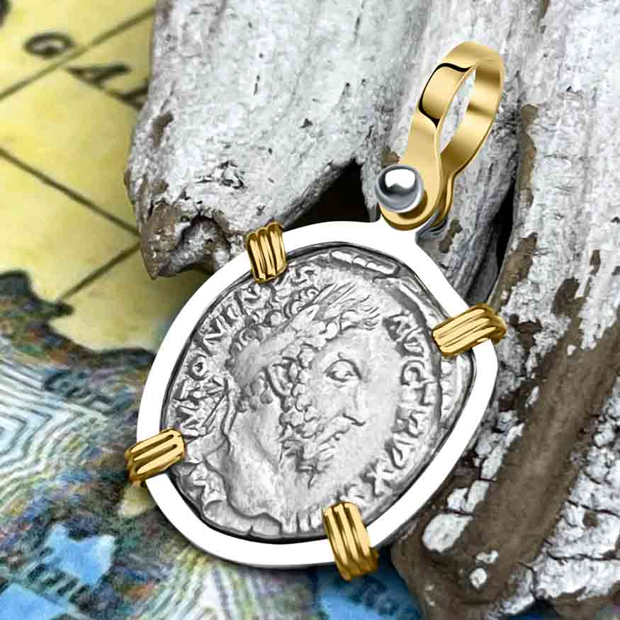 Roman Empire Silver Denarius Coin of Marcus Aurelius, the Philosopher Warrior 168 AD 14K Gold &amp; Sterling Silver Pendant