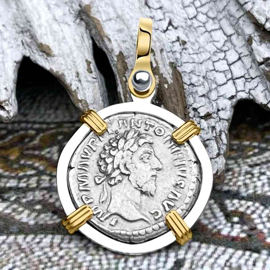 Roman Empire Silver Denarius Coin of Marcus Aurelius, the Philosopher Warrior 161 AD 14K Gold &amp; Sterling Silver Pendant