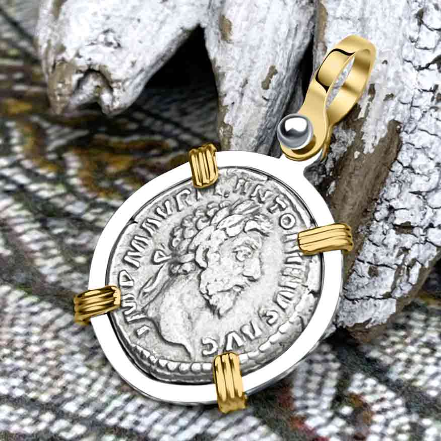 Roman Empire Silver Denarius Coin of Marcus Aurelius, the Philosopher Warrior 161 AD 14K Gold &amp; Sterling Silver Pendant