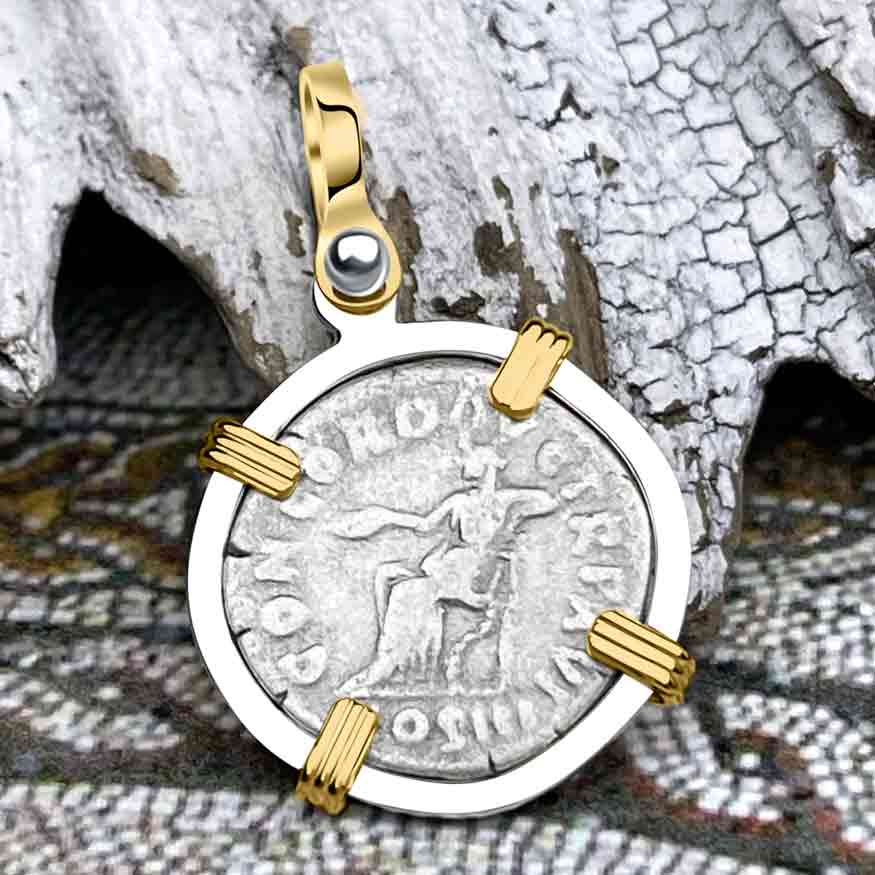 Roman Empire Silver Denarius Coin of Marcus Aurelius, the Philosopher Warrior 161 AD 14K Gold &amp; Sterling Silver Pendant