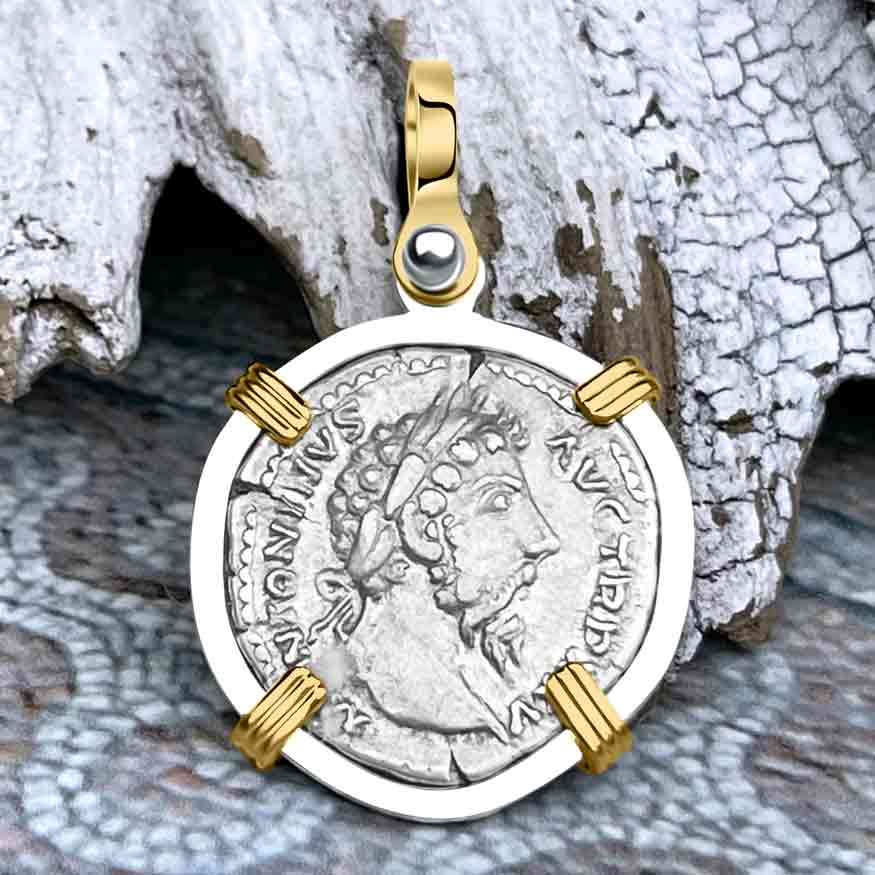 Roman Empire Silver Denarius Coin of Marcus Aurelius, the Philosopher Warrior 170 AD 14K Gold &amp; Sterling Silver Pendant 