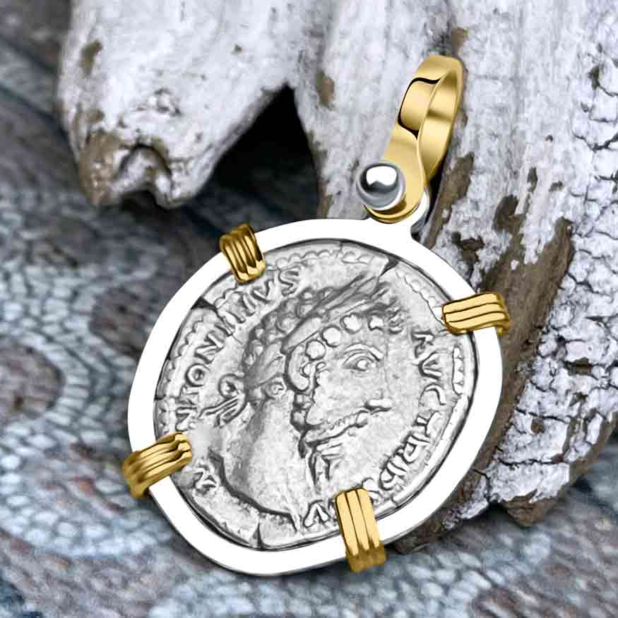 Roman Empire Silver Denarius Coin of Marcus Aurelius, the Philosopher Warrior 170 AD 14K Gold &amp; Sterling Silver Pendant 