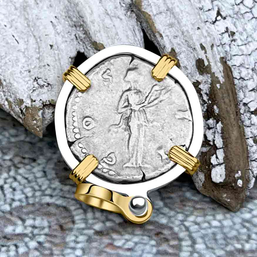 Roman Empire Silver Denarius Coin of Marcus Aurelius, the Philosopher Warrior 170 AD 14K Gold &amp; Sterling Silver Pendant 