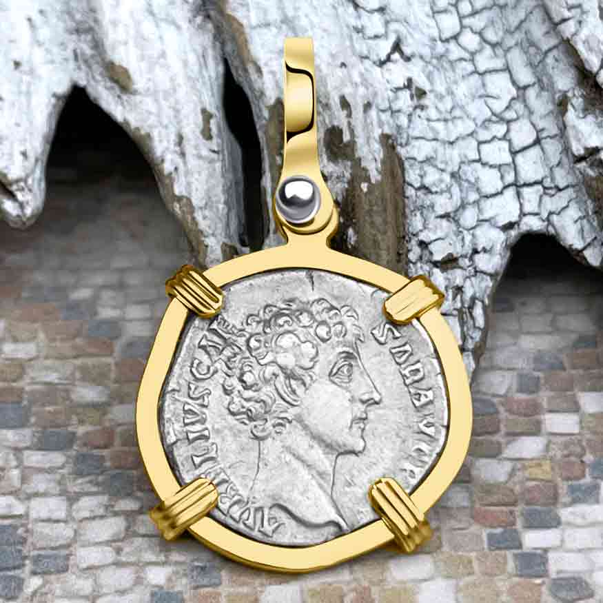 Roman Empire Silver Denarius Coin of Marcus Aurelius, the Philosopher Warrior 145 AD 14K Gold Pendant