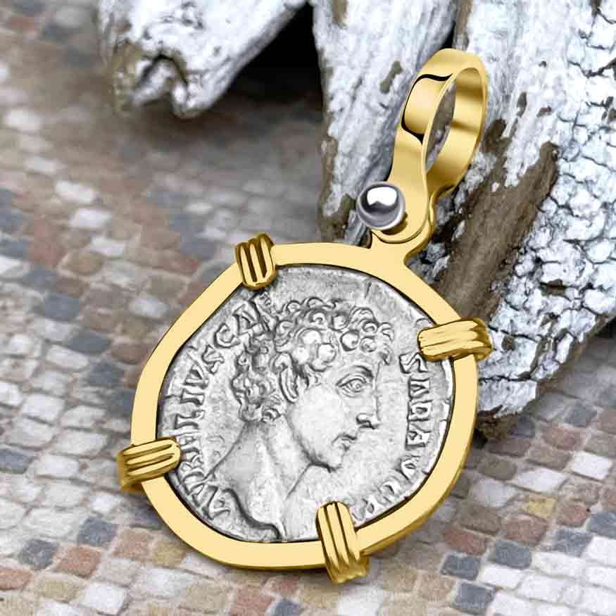 Roman Empire Silver Denarius Coin of Marcus Aurelius, the Philosopher Warrior 145 AD 14K Gold Pendant