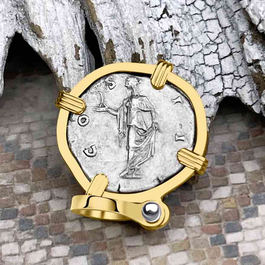 Roman Empire Silver Denarius Coin of Marcus Aurelius, the Philosopher Warrior 145 AD 14K Gold Pendant
