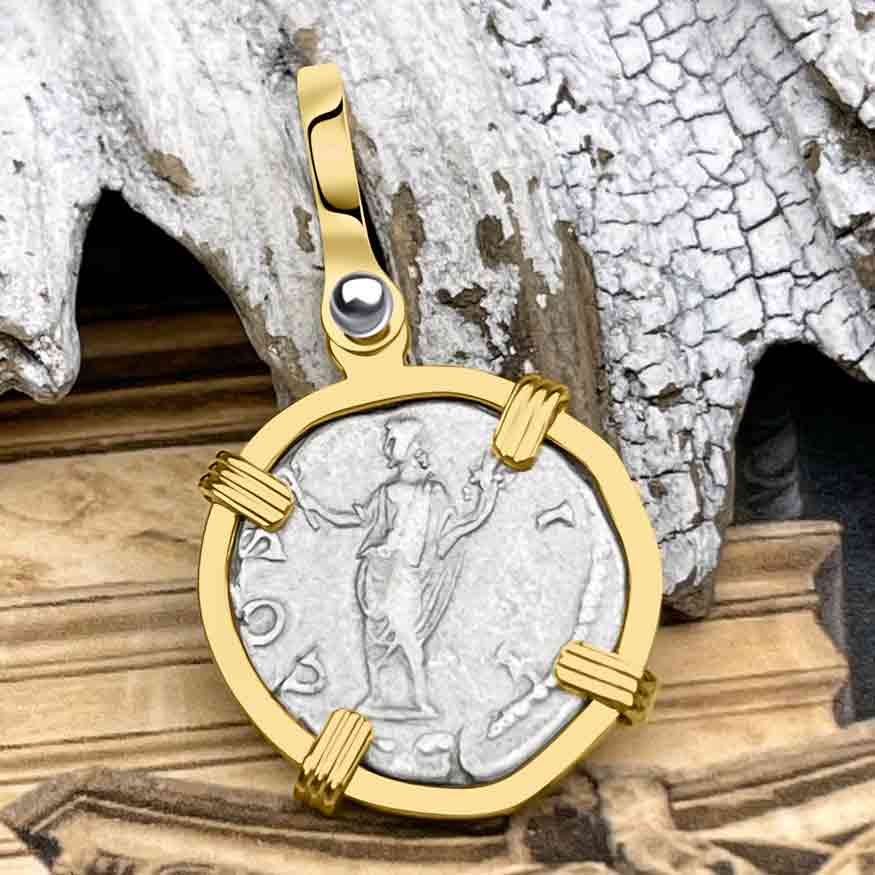 Roman Empire Silver Denarius Coin of Marcus Aurelius, the Philosopher Warrior 145 AD 14K Gold Pendant
