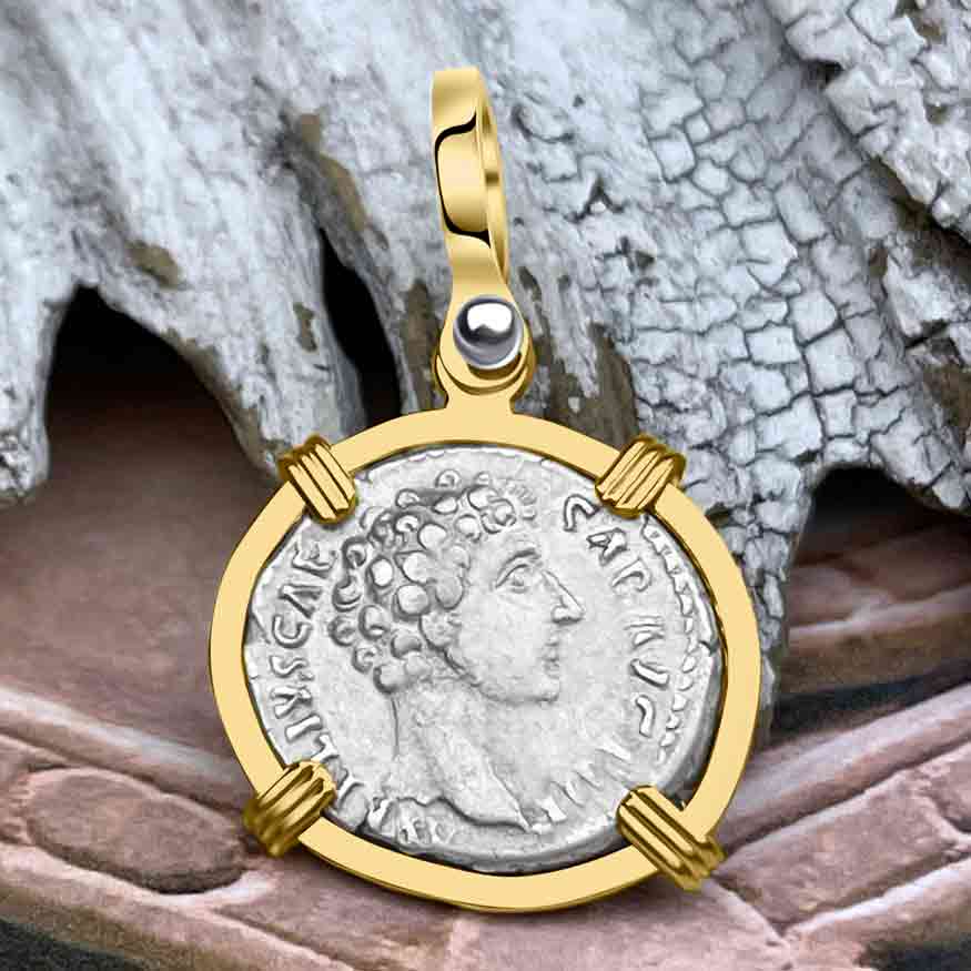 Roman Empire Silver Denarius Coin of Marcus Aurelius, the Philosopher Warrior 147 AD 14K Gold Pendant 