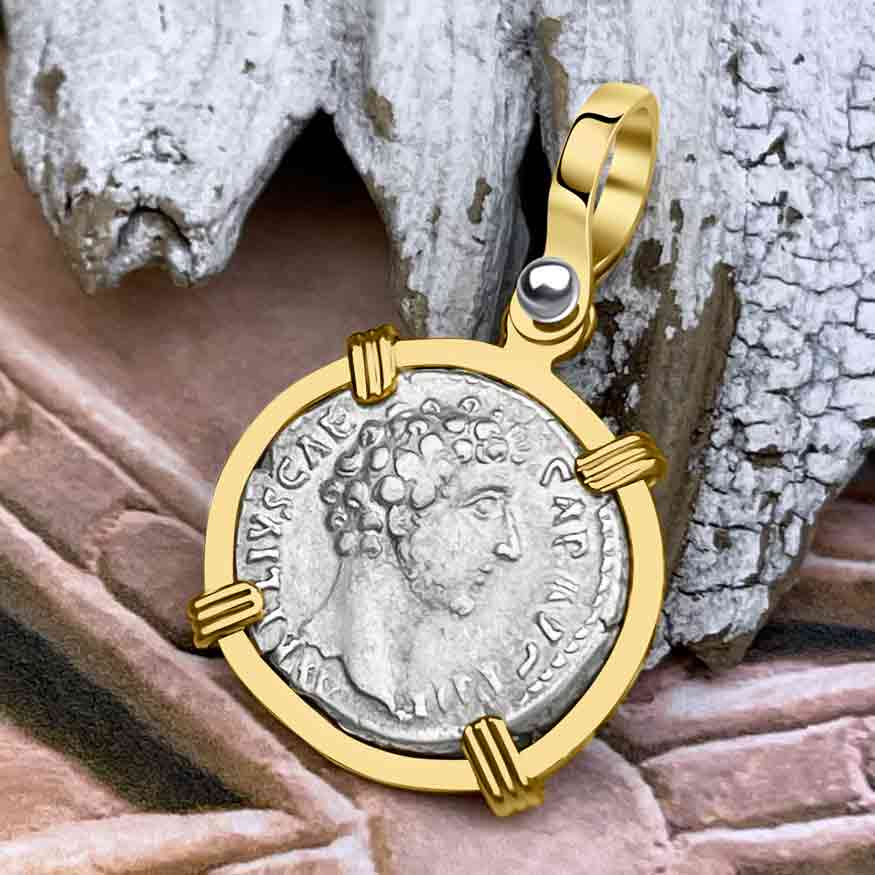 Roman Empire Silver Denarius Coin of Marcus Aurelius, the Philosopher Warrior 147 AD 14K Gold Pendant 